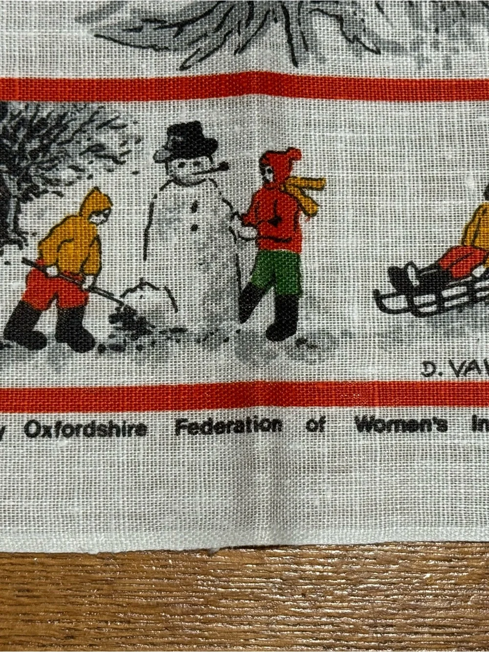 VTG 1980 Irish Linen Tea Towel Winter Scene D Vaughan Oxfordshire WI Folk